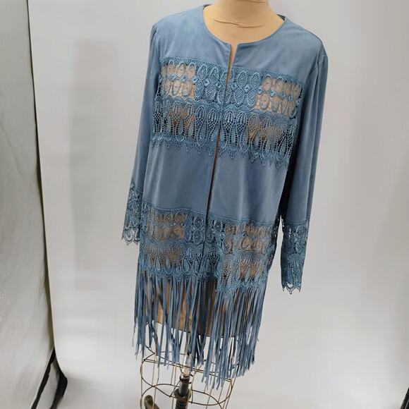 Chicos 0 Womens Open Lace And Fringe Steel Blue Faux Suede Cardigan Sz 2 NWOT - Picture 5 of 16